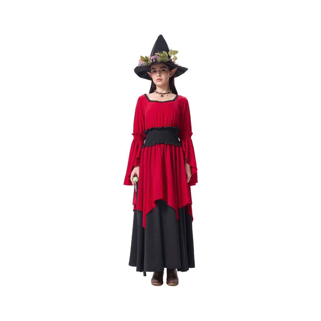 Women's burgundy witch costume shown from the front and side with dramatic bell sleeves