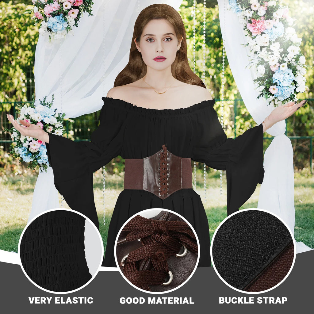 Black off-shoulder medieval dress with elastic waist and lace-up cincher details