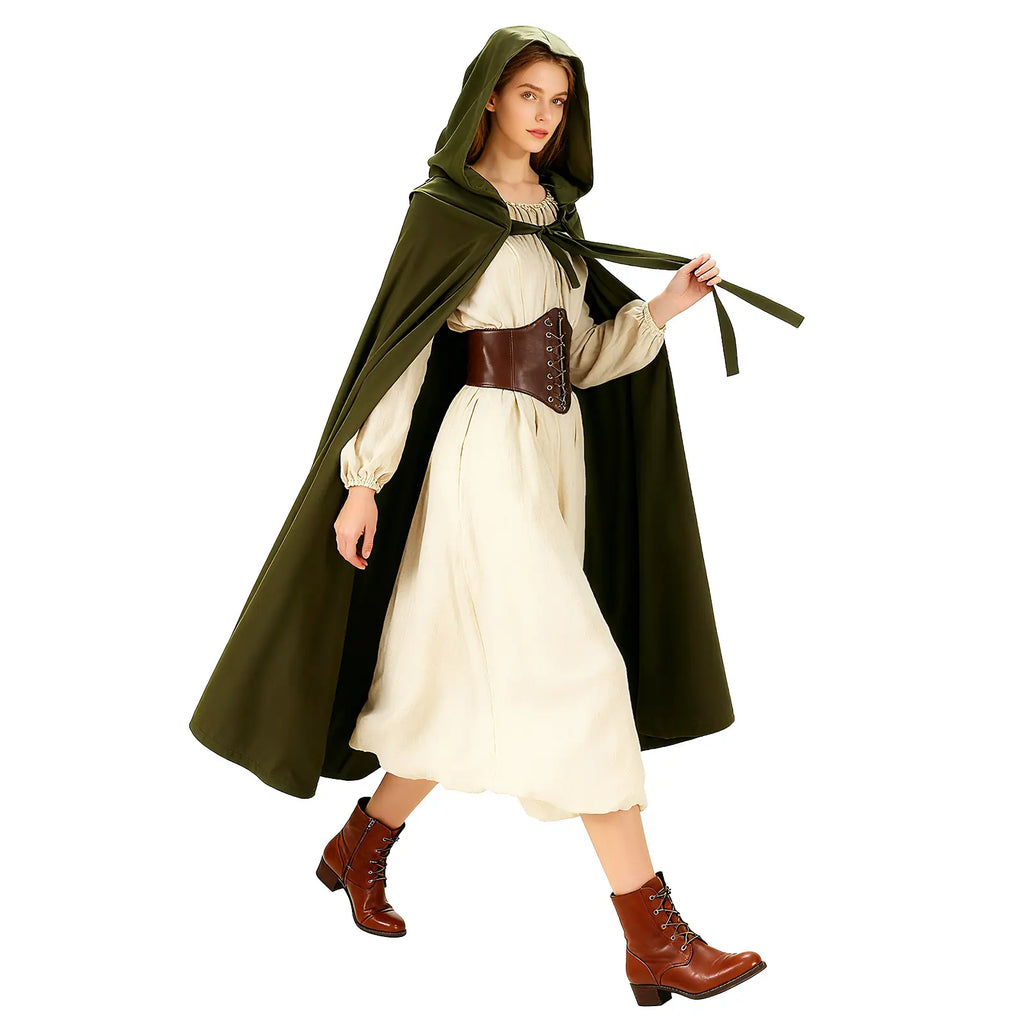 Women's green hooded cloak costume shown from the side with a corset belt