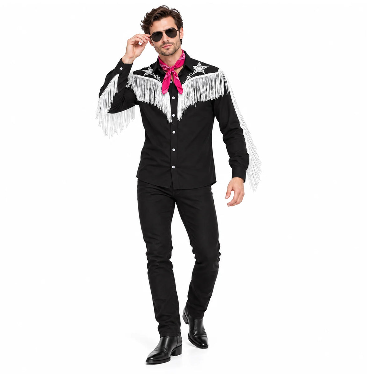 Man wearing a black western shirt with white fringe and pink bandana while adjusting dark costume glasses.