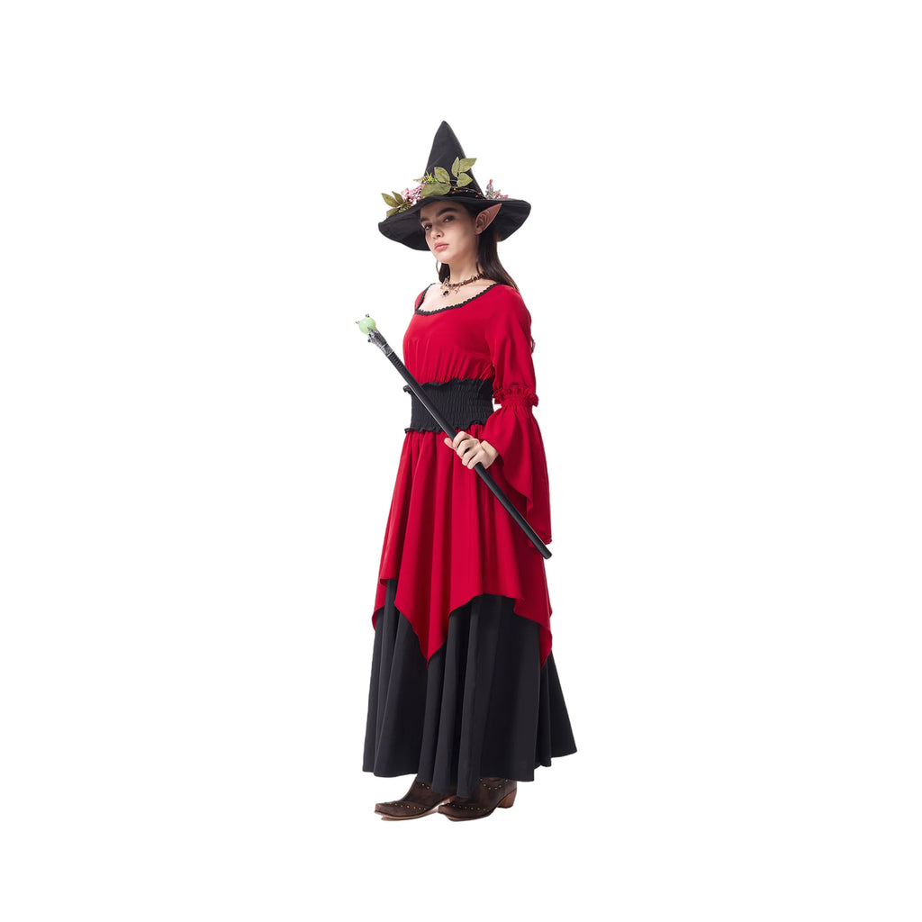 Back view of the floor-length burgundy and black women's witch costume