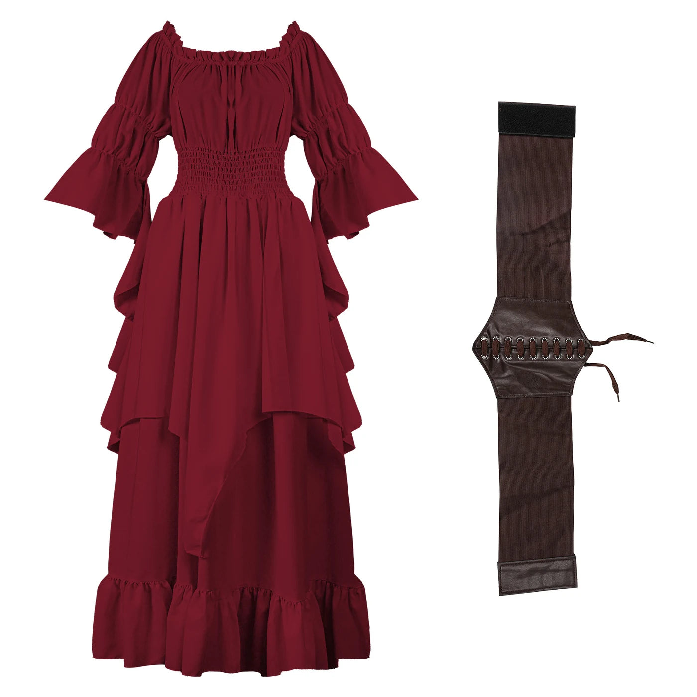 Burgundy women's medieval dress with brown lace-up waist cincher set