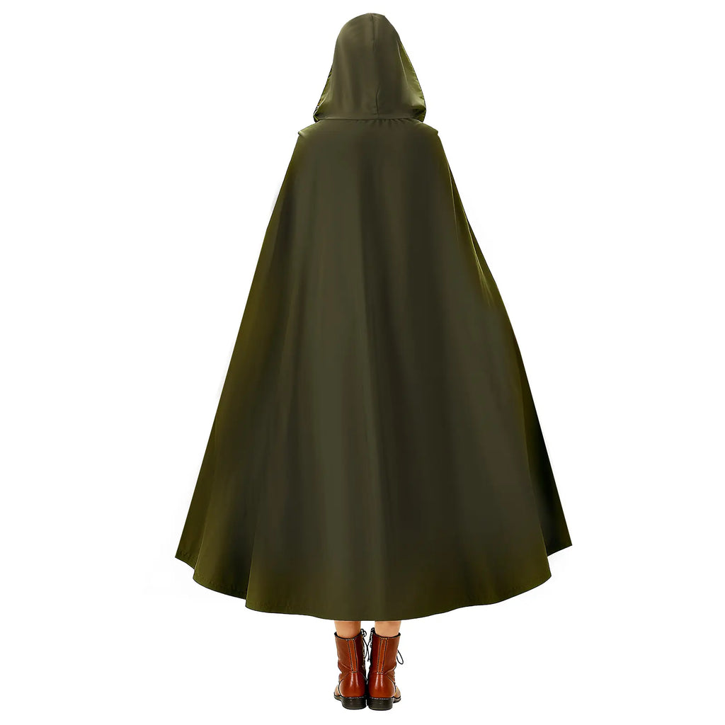 Women's green medieval hooded cloak shown from the back