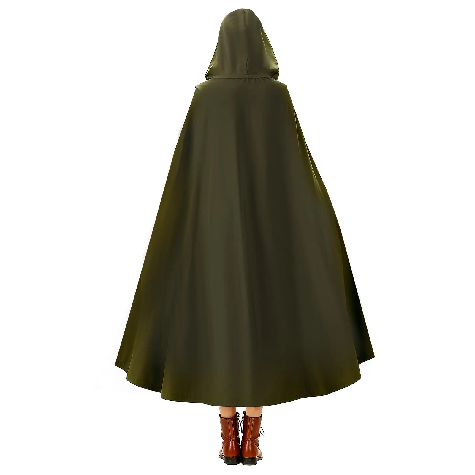 Women's green medieval hooded cloak shown from the back