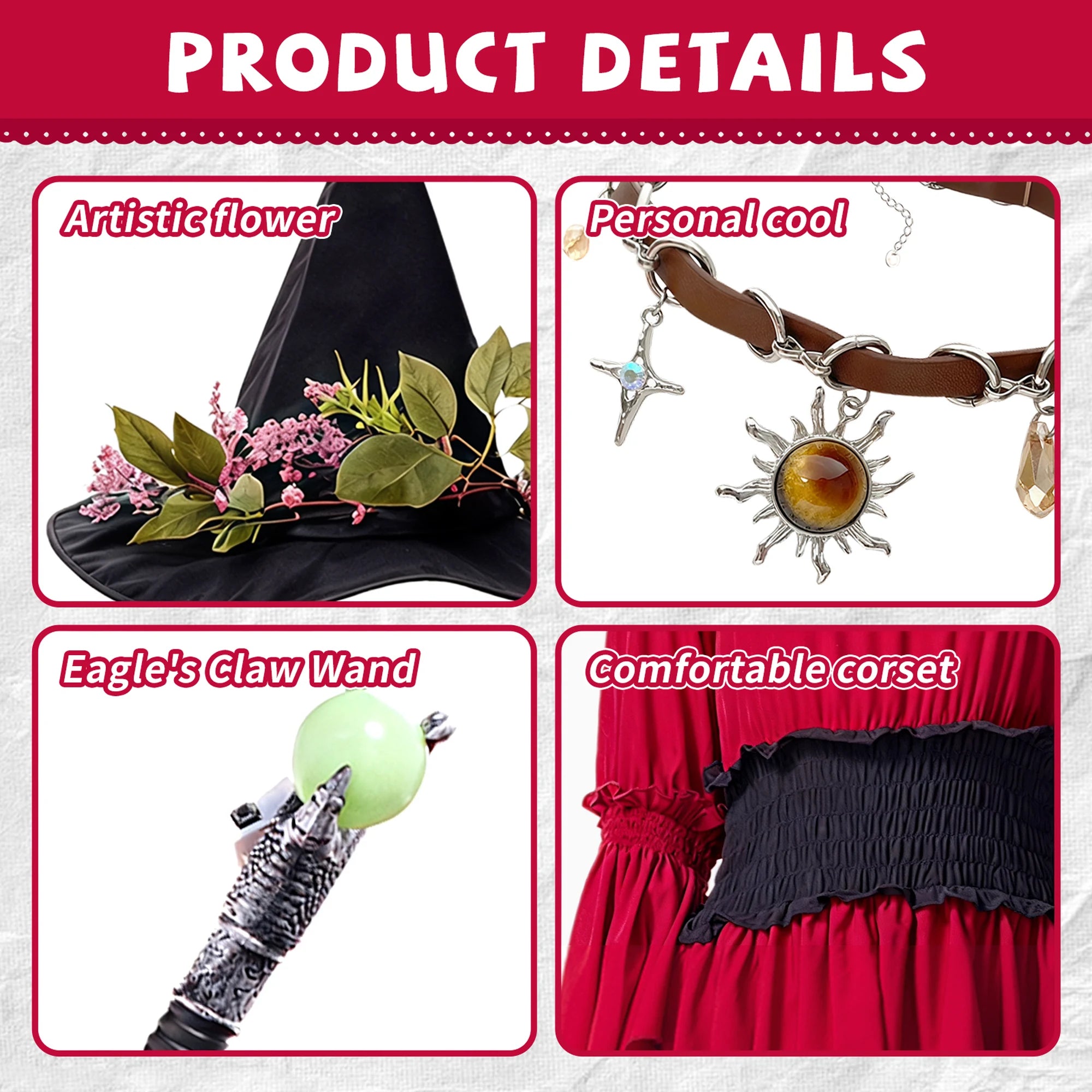 Burgundy witch dress details showing square neckline, gathered waist and layered skirt