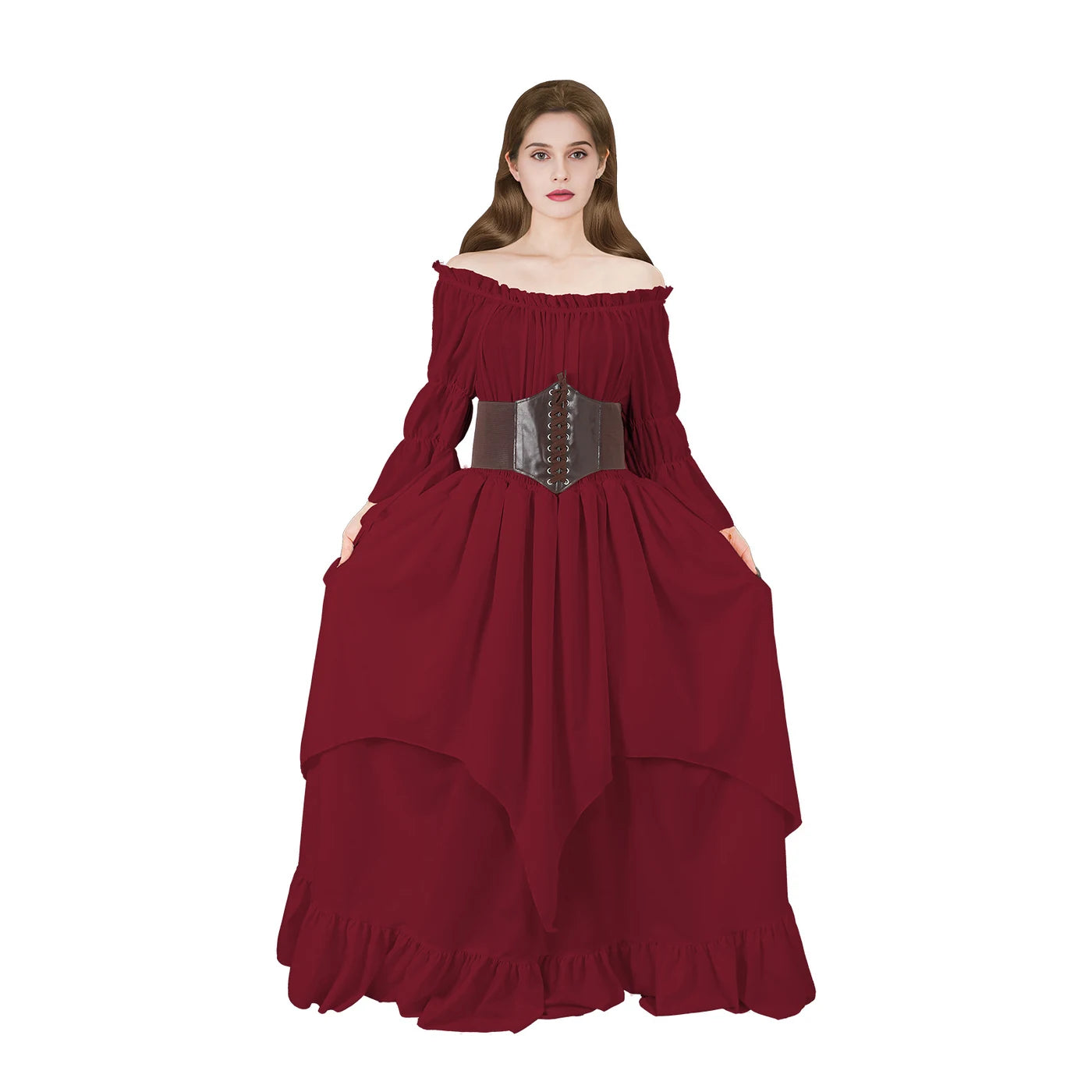 Woman modeling a burgundy Renaissance dress with brown waist cincher