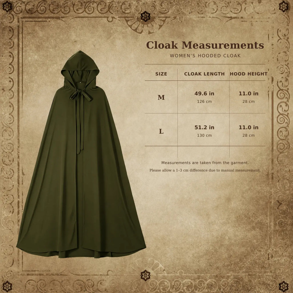 Green Renaissance hooded cloak size chart for M and L, with cloak length and hood height