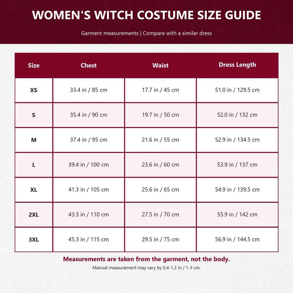 Women's witch costume square size guide for XS through 3XL in inches and centimeters