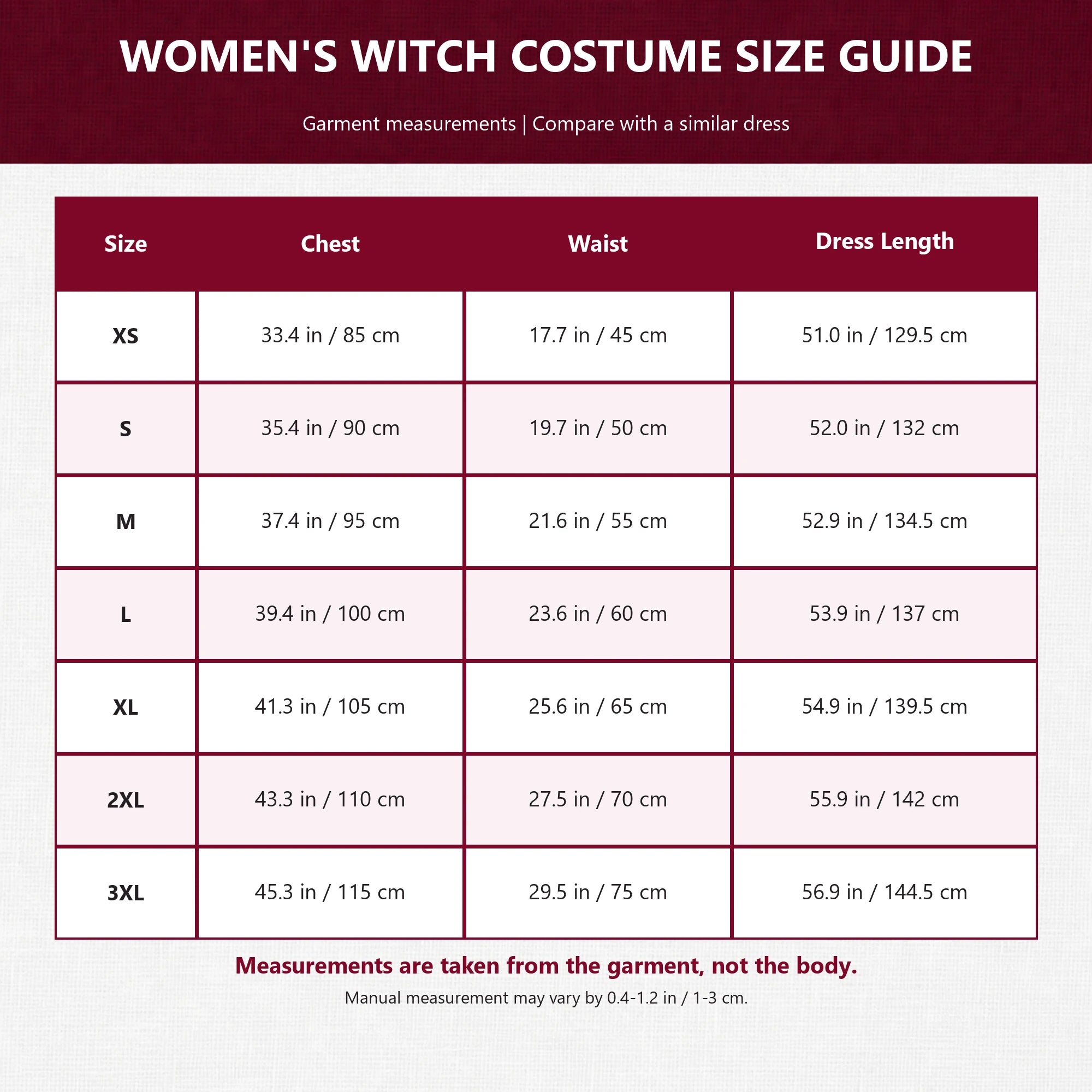Women's witch costume square size guide for XS through 3XL in inches and centimeters