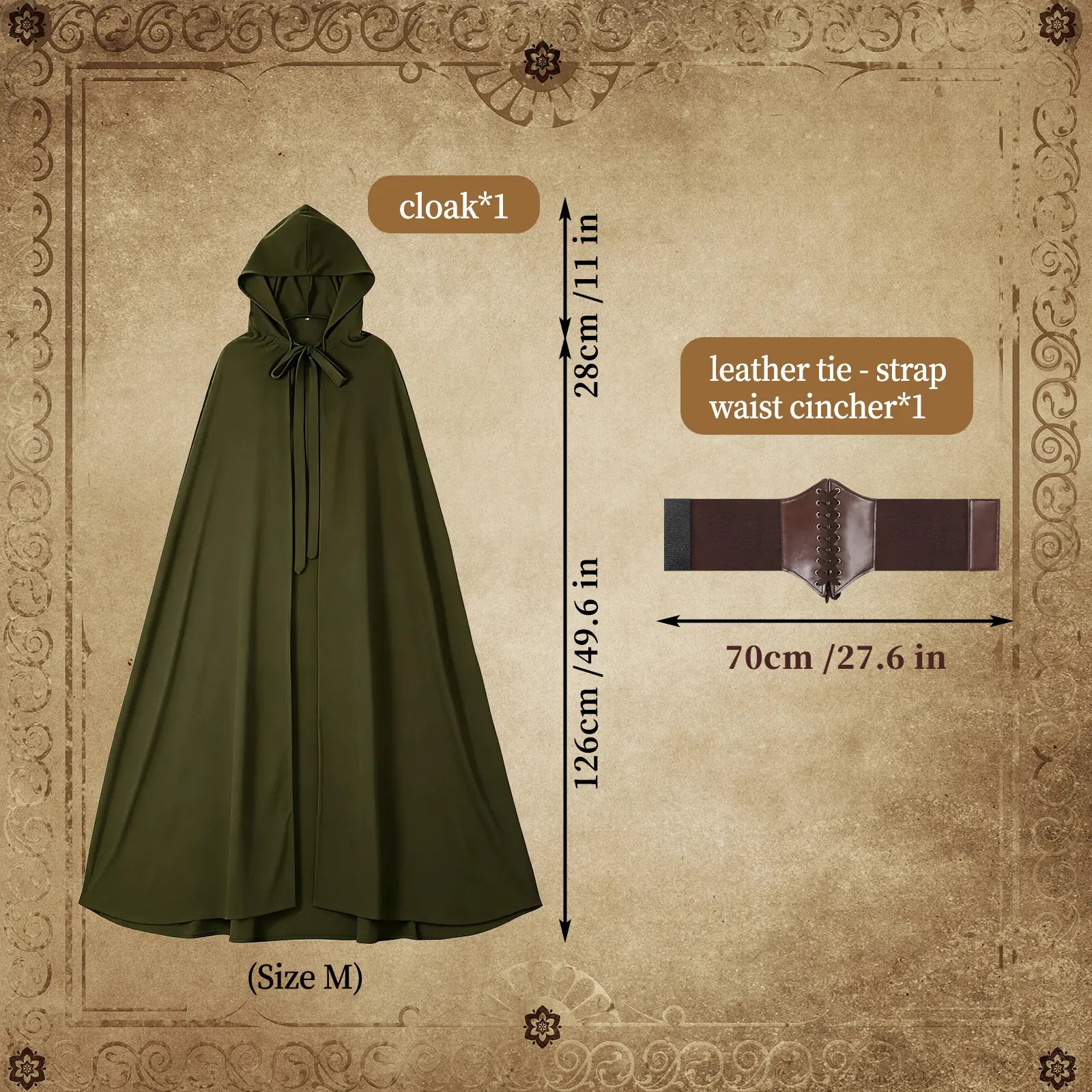 Green hooded cloak and corset belt dimensions for the two-piece costume set