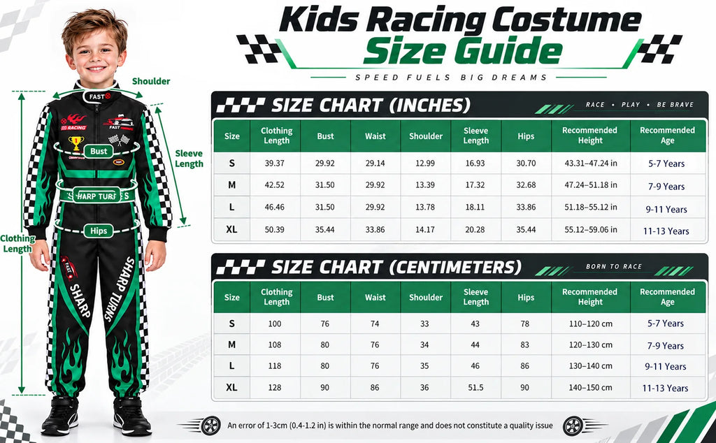 Kids racing costume size guide lists S M L and XL measurements with suggested wearer heights and ages.