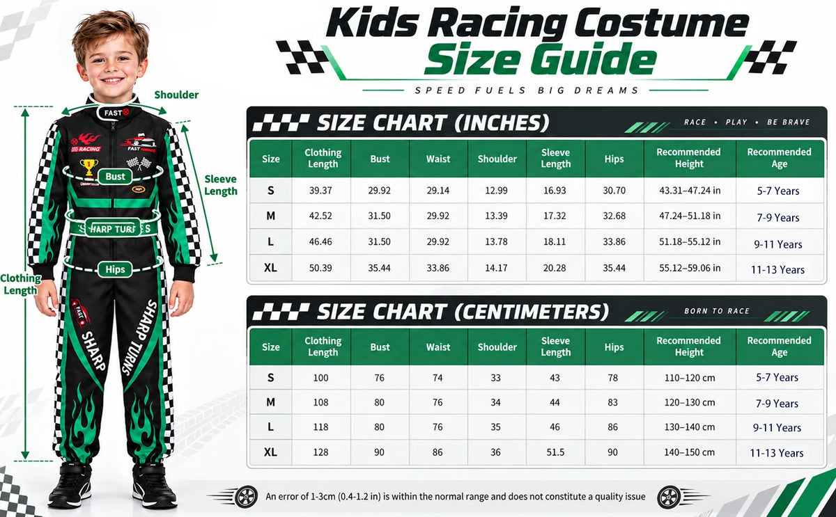 Kids racing costume size guide lists S M L and XL measurements with suggested wearer heights and ages.