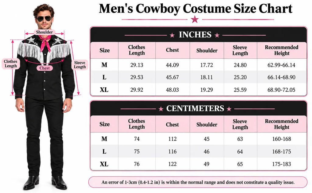 Cowboy shirt size chart shows M L and XL garment measurements and recommended wearer height in inches and centimeters.