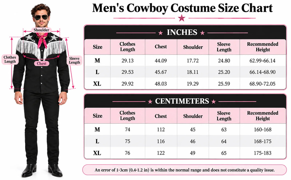 Cowboy shirt size chart shows M L and XL garment measurements and recommended wearer height in inches and centimeters.