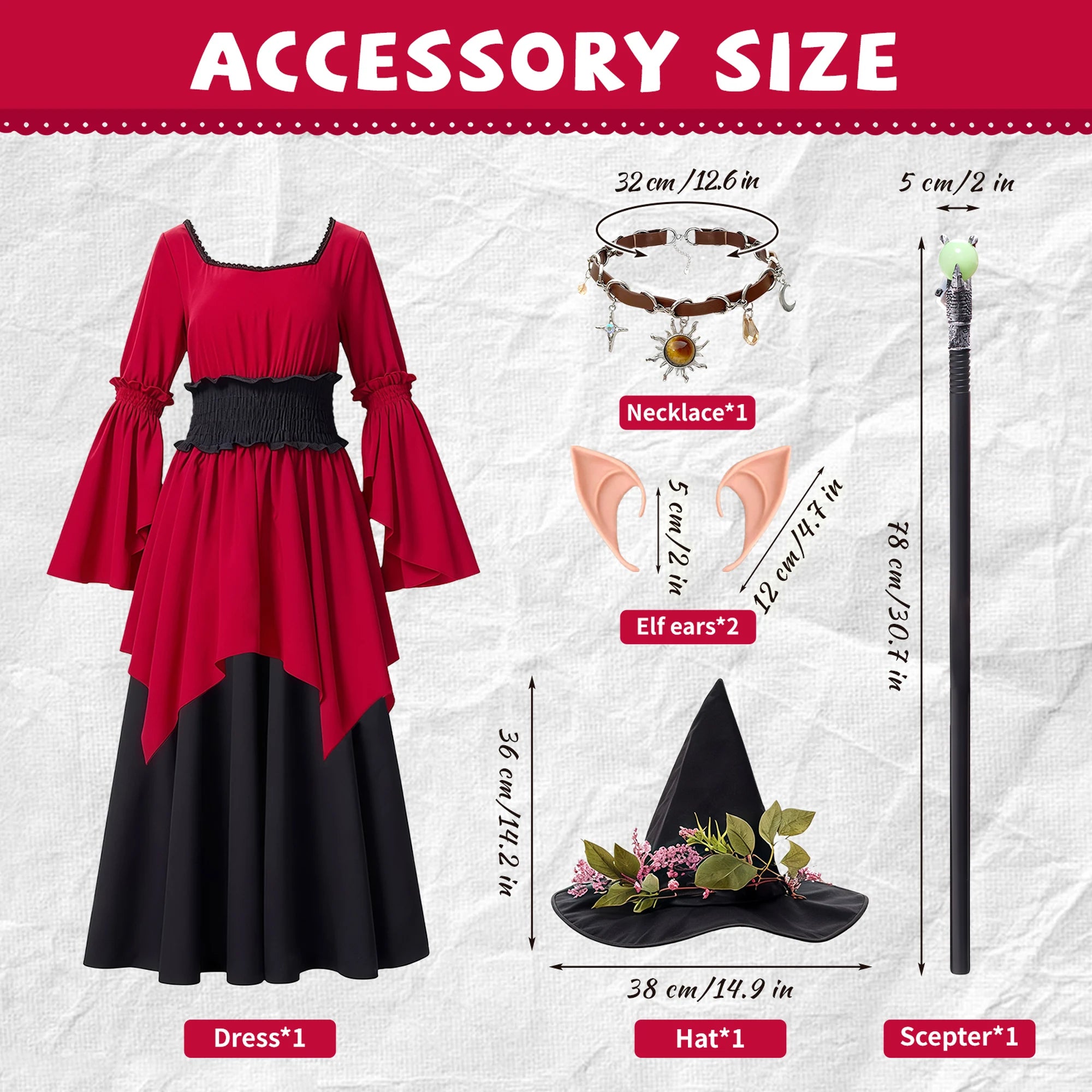 Witch costume accessory measurements for hat, necklace, elf ears and scepter