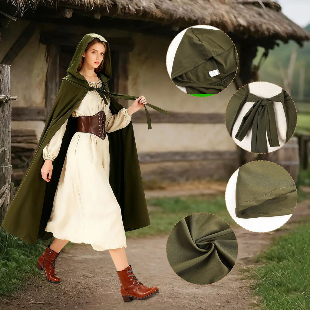 Green Renaissance hooded cloak fabric, hood, tie closure and hem details