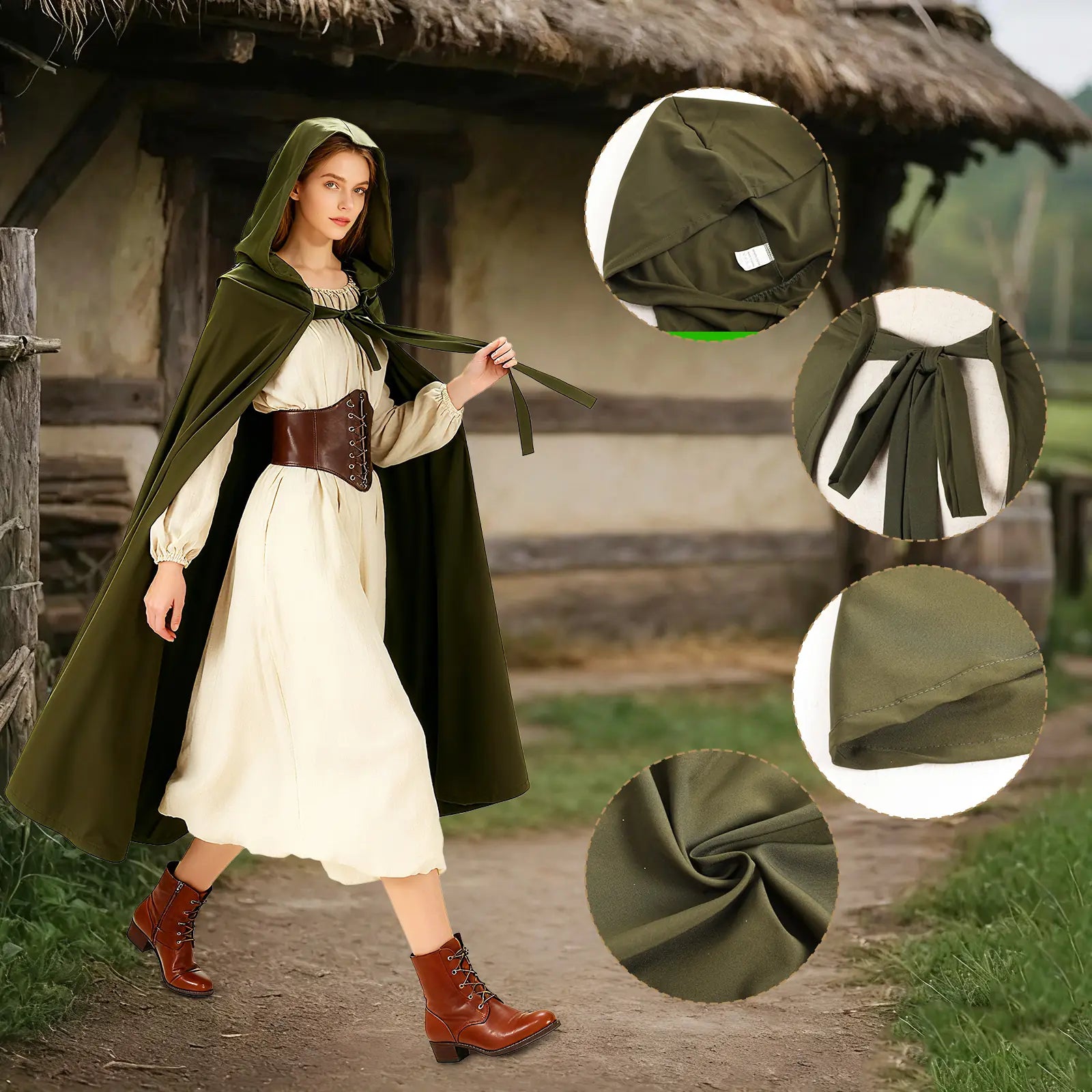 Green Renaissance hooded cloak fabric, hood, tie closure and hem details