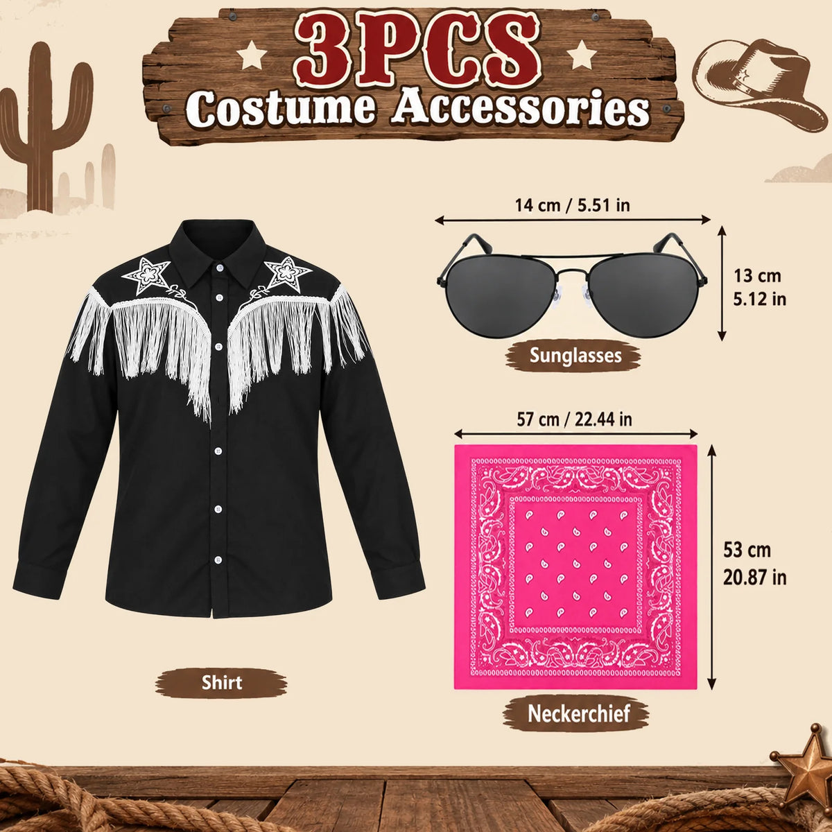 Three piece graphic shows western shirt sunglasses and pink bandana with accessory dimensions printed beside them.