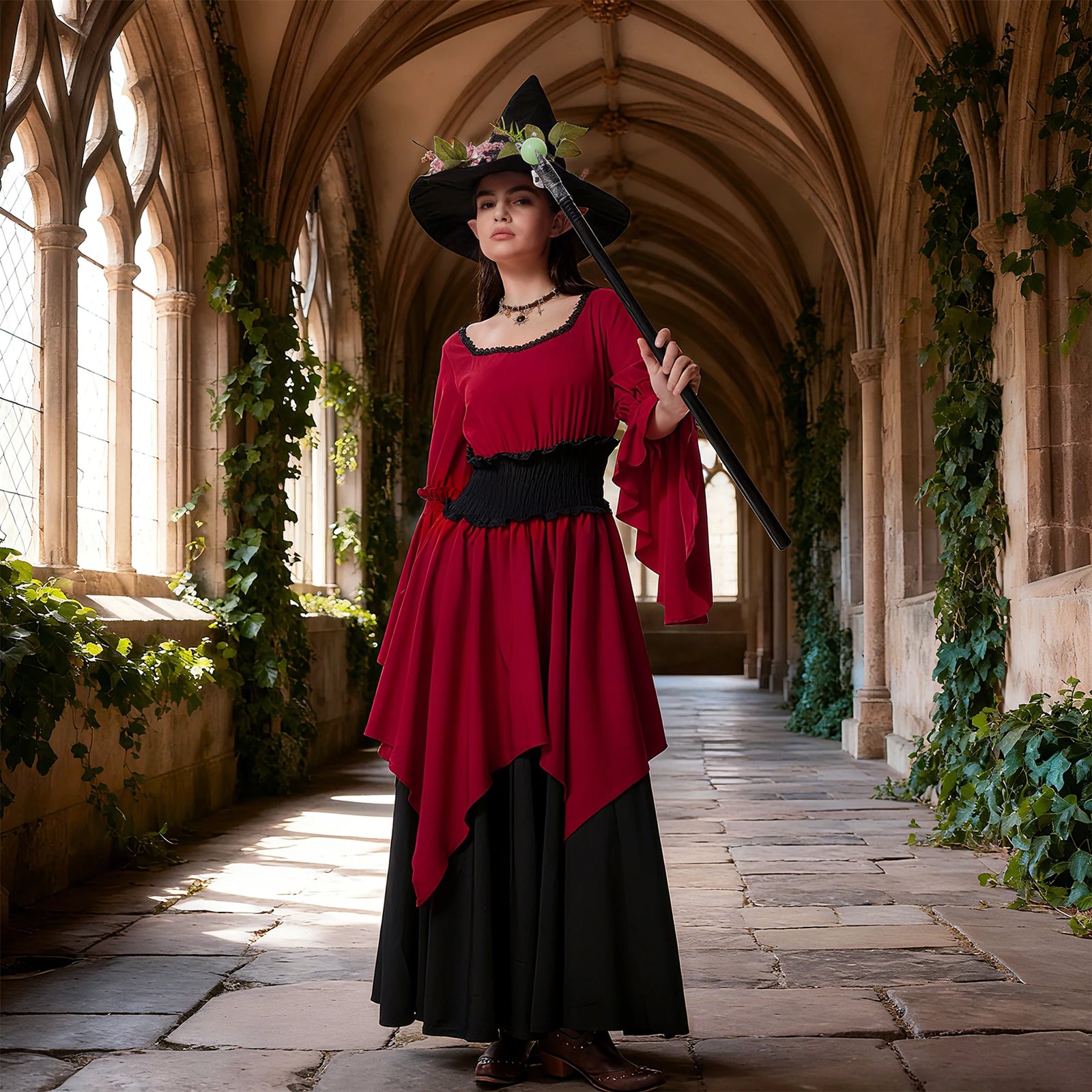 Woman wearing a burgundy and black witch costume with pointed hat and fantasy scepter