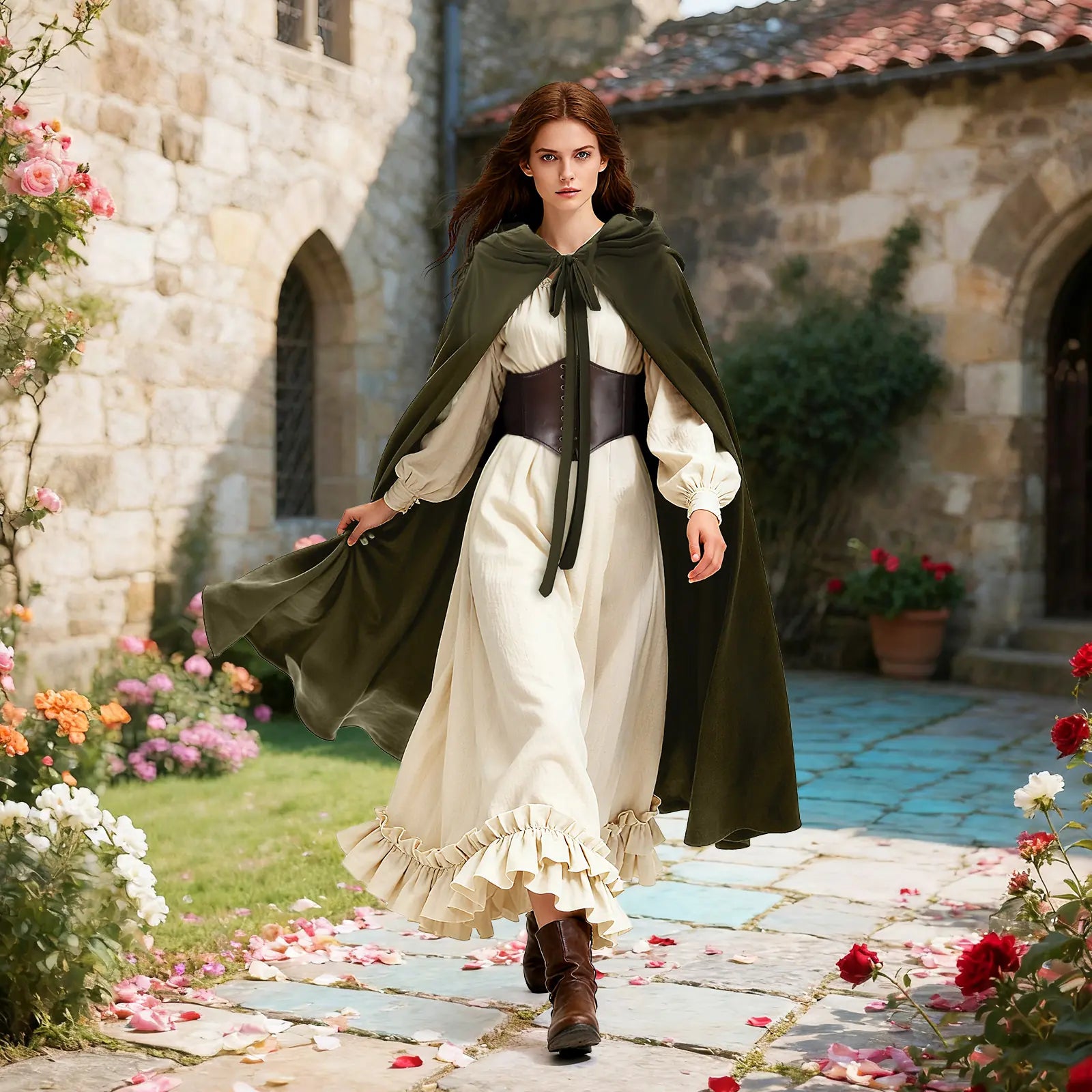 Woman wearing an olive green Renaissance hooded cloak with a brown corset belt