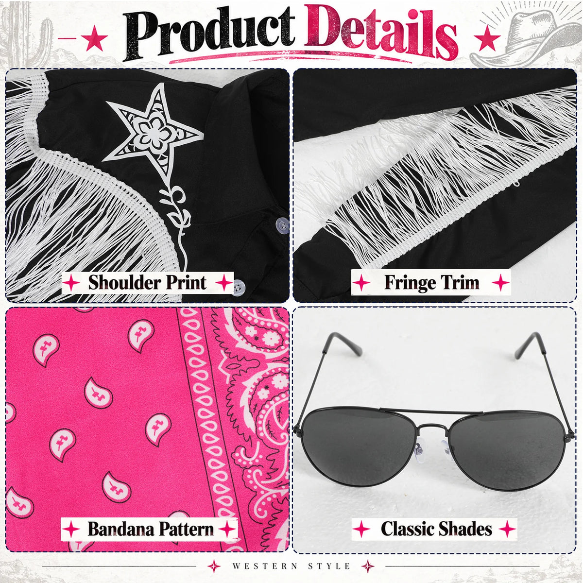 Detail panels label shoulder print fringe trim bandana pattern and classic shades on the western costume set.
