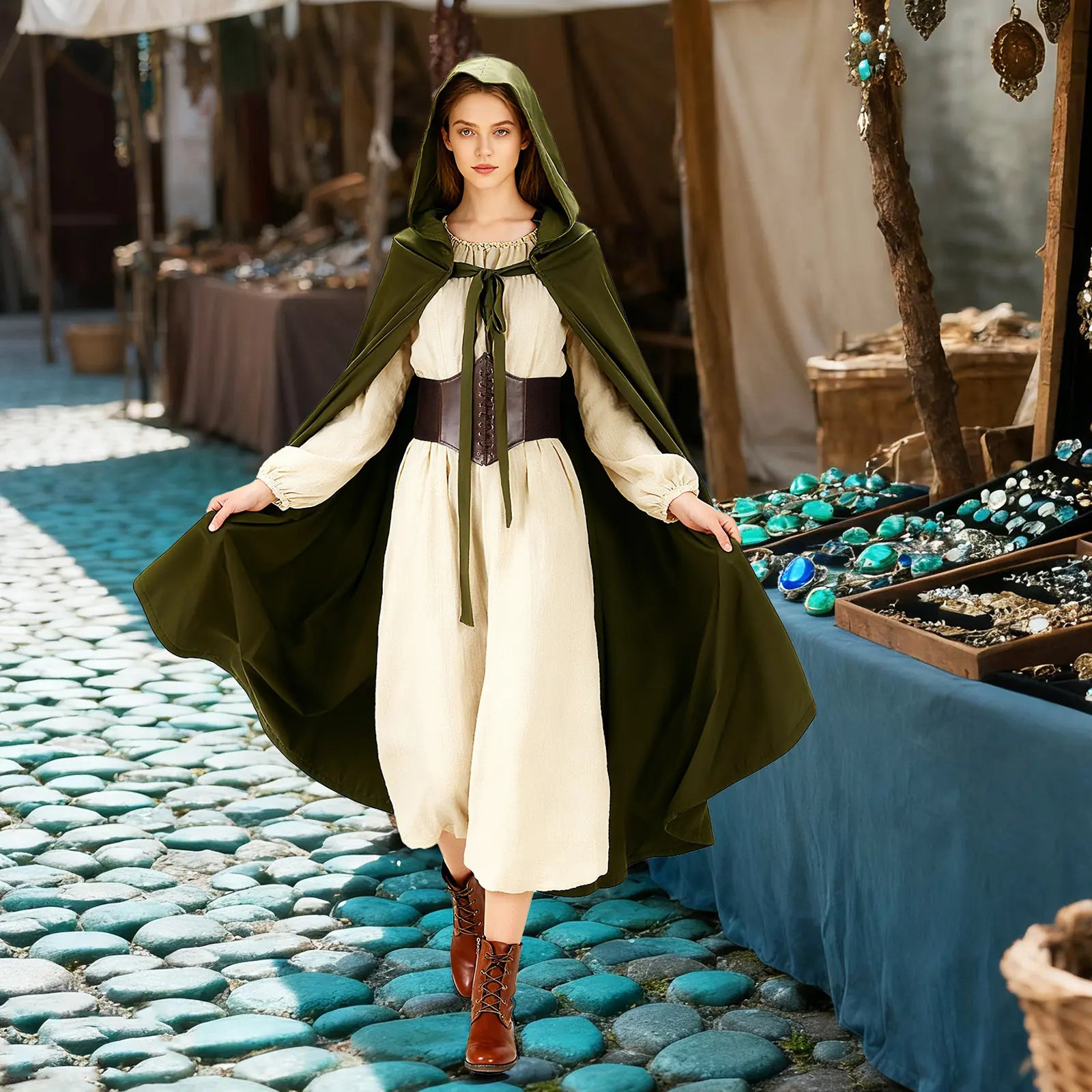 Women's green medieval hooded cloak worn in a market scene