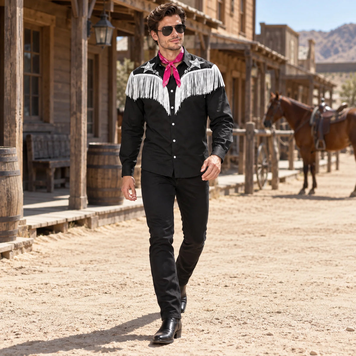 Man wearing a black fringed western shirt pink bandana and dark glasses on a western town street.