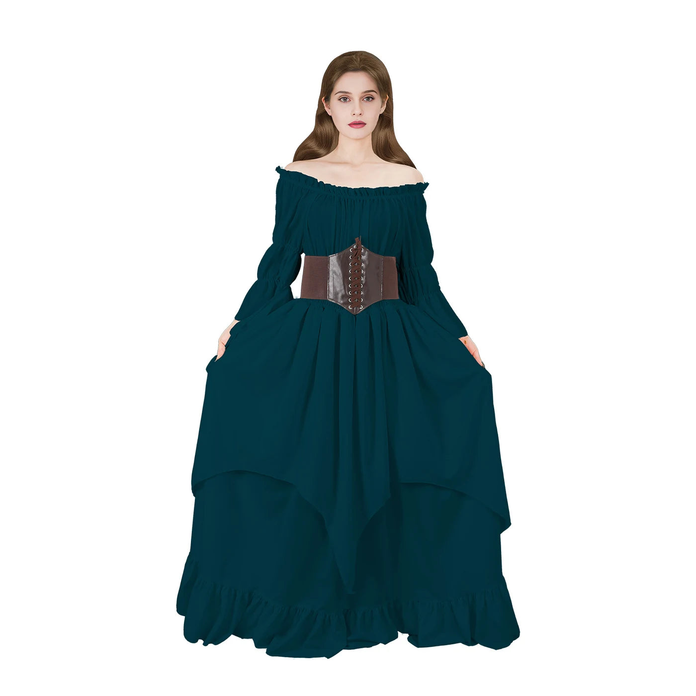 Peacock blue women's medieval dress with brown lace-up waist cincher set