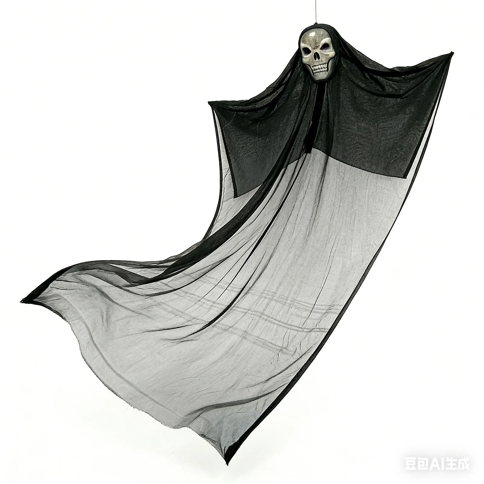 A themed setting presents giant Halloween skeleton ghost side display, with the skull head, wide black gauze and long hanging silhouette clearly visible.