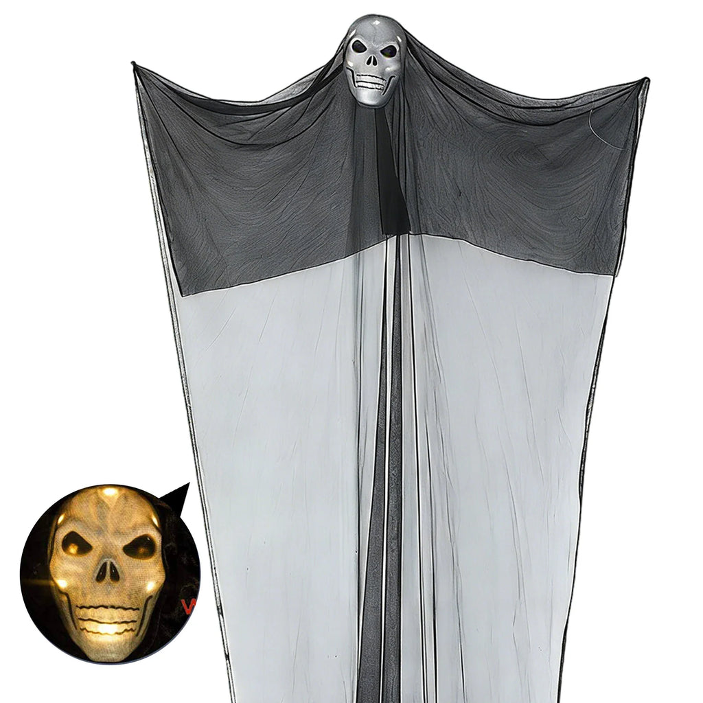 Oversized black hanging skeleton ghost is shown from the front, with the skull head, wide black gauze and long hanging silhouette clearly visible.