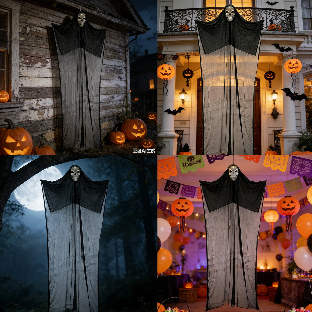 A themed setting presents giant black hanging ghost haunted display scene, with the skull head, wide black gauze and long hanging silhouette clearly visible.