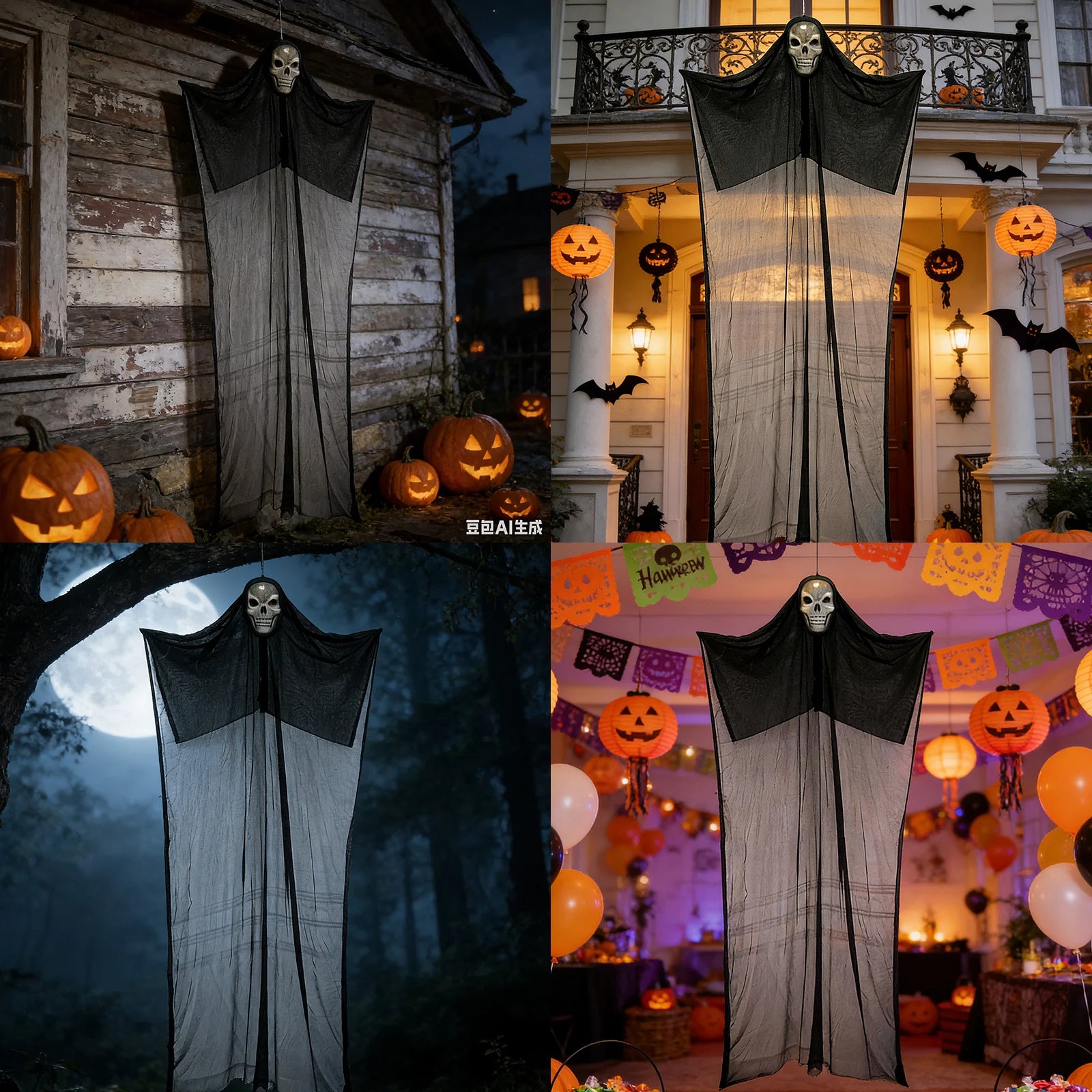 A themed setting presents giant black hanging ghost haunted display scene, with the skull head, wide black gauze and long hanging silhouette clearly visible.