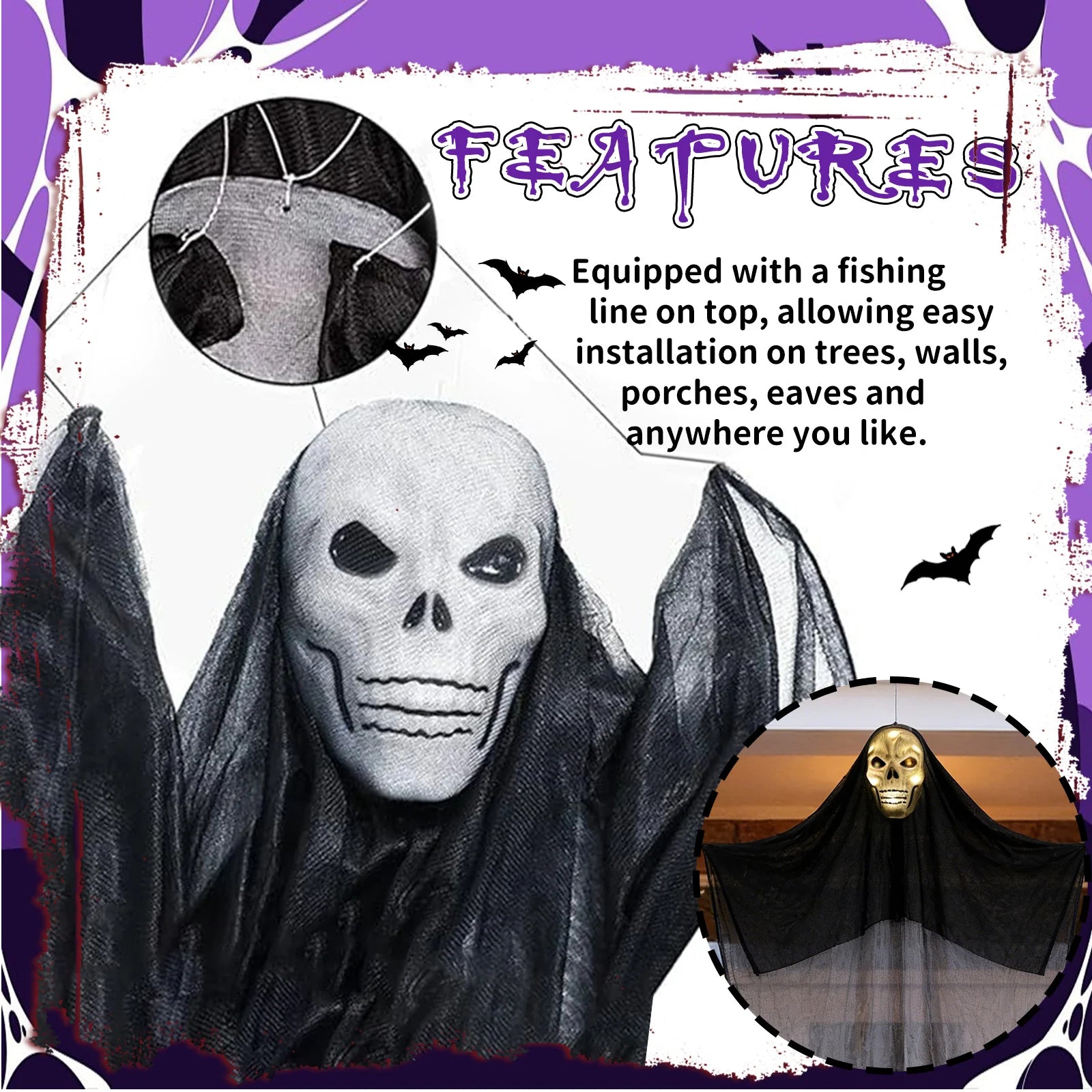 A detail panel presents top hanging line installation feature for the 10-foot lighted hanging skeleton ghost, highlighting the skull head, wide black gauze and long hanging silhouette.