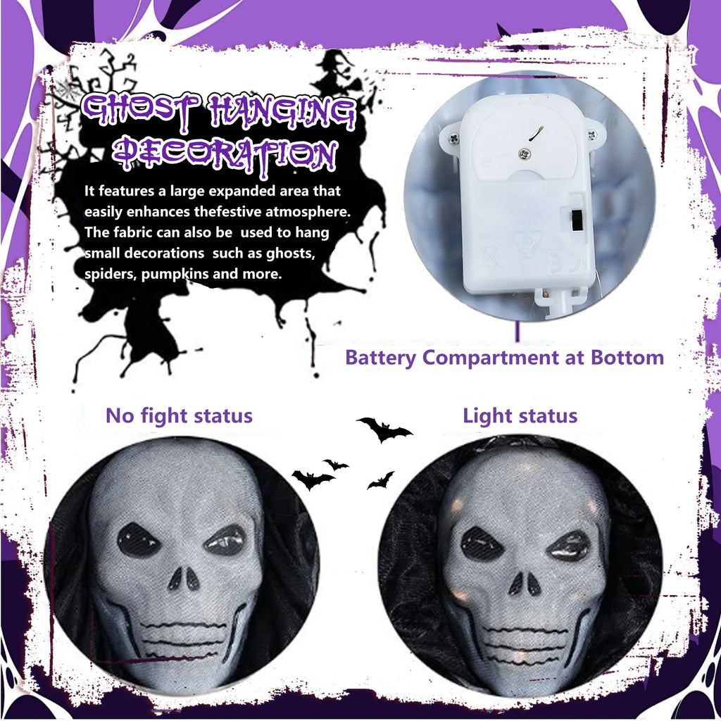 A detail panel presents light-up skull and battery compartment detail for the 10-foot lighted hanging skeleton ghost, highlighting the skull head, wide black gauze and long hanging silhouette.