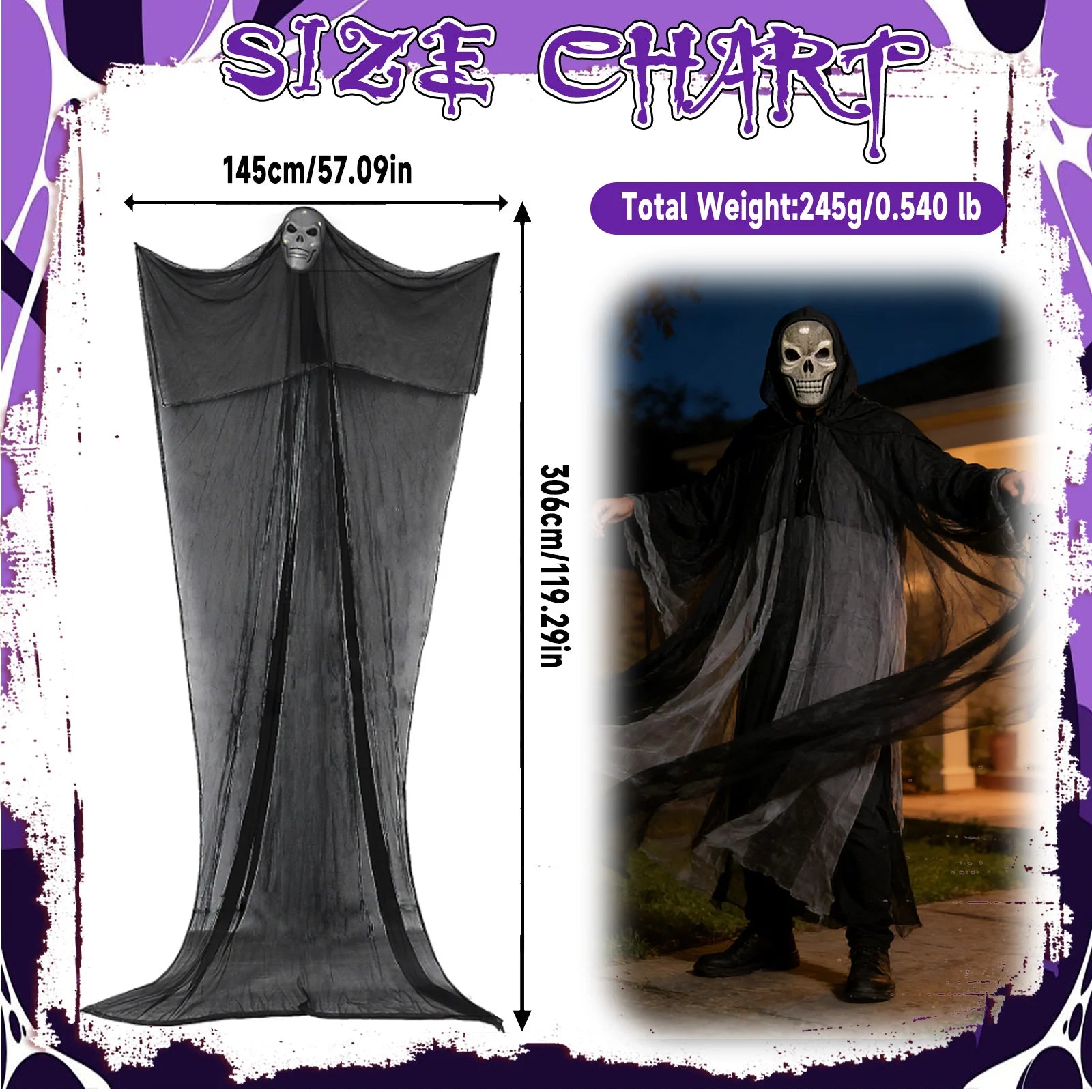 A measurement chart presents 10-foot hanging skeleton ghost size guide, including the visible size information for the 10-foot lighted hanging skeleton ghost.