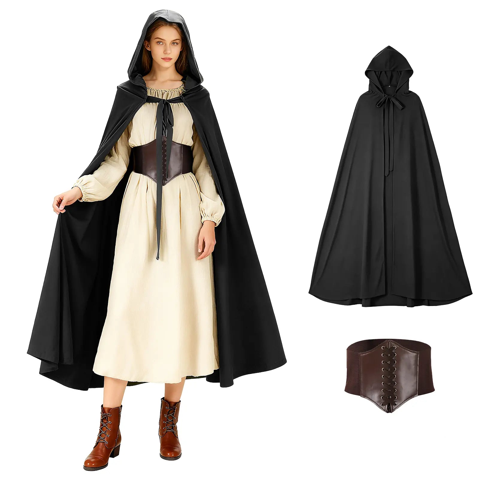 Women's black hooded cloak costume with a brown corset belt, shown as the complete two-piece set