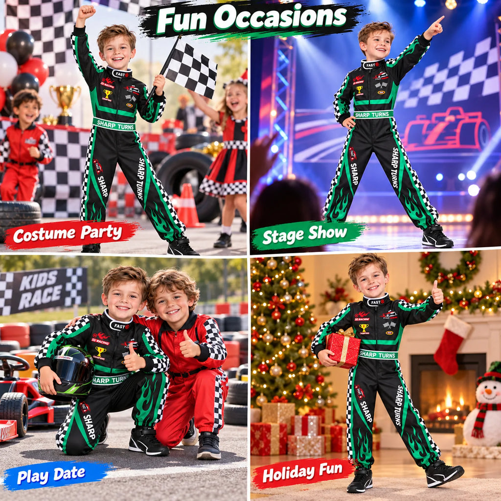 Four racing costume scenes show the black green jumpsuit at a party stage play date and holiday gathering.