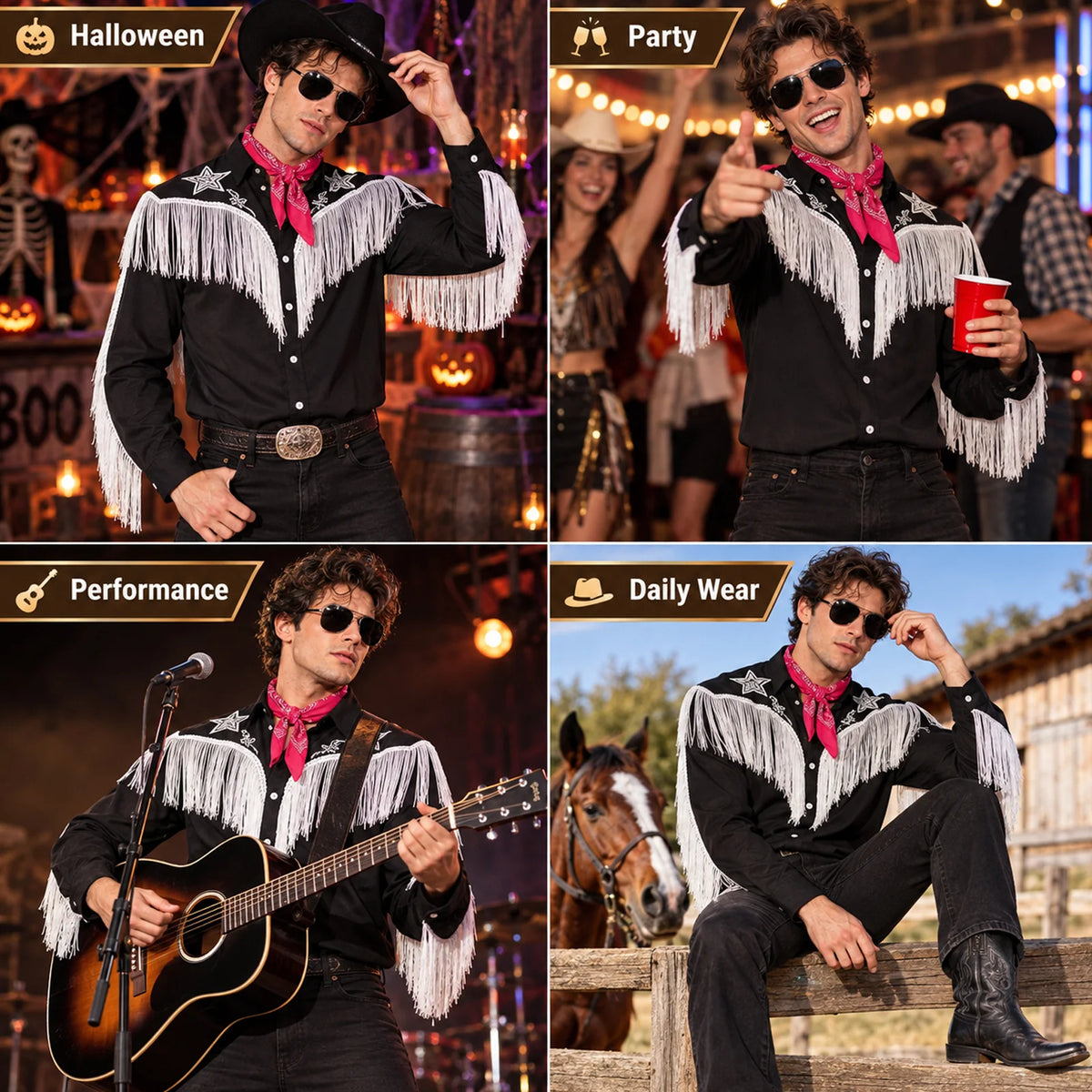 Four scenes show the western shirt set styled for Halloween a party a performance and casual wear.