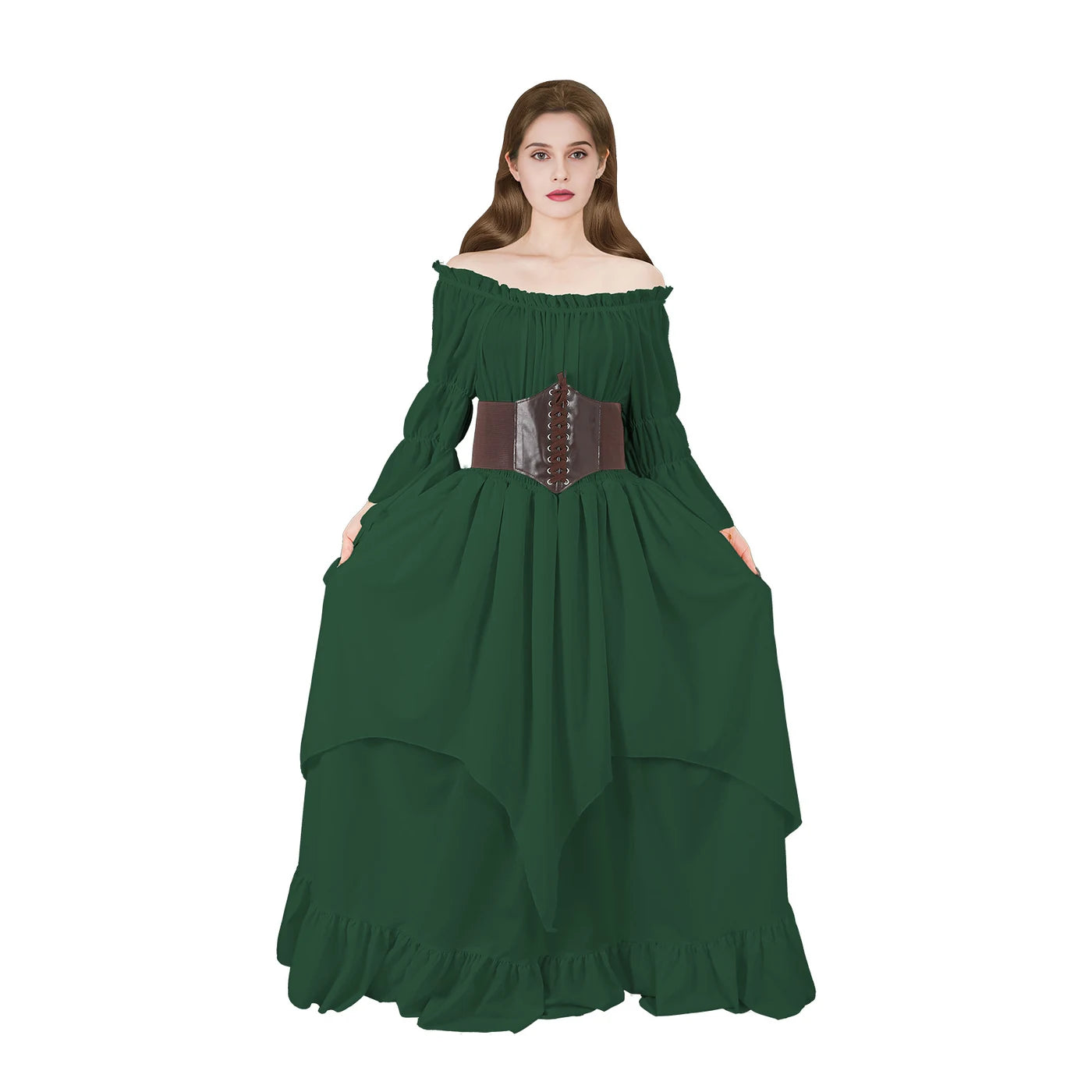 Woman modeling a dark green Renaissance dress with brown waist cincher