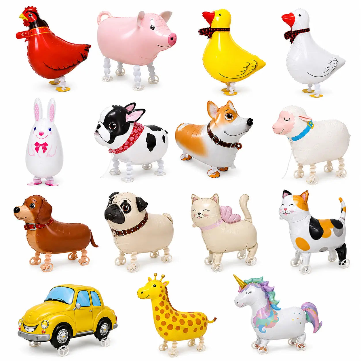 Collage of 15 walking balloon toys in different animal and character styles on a white background
