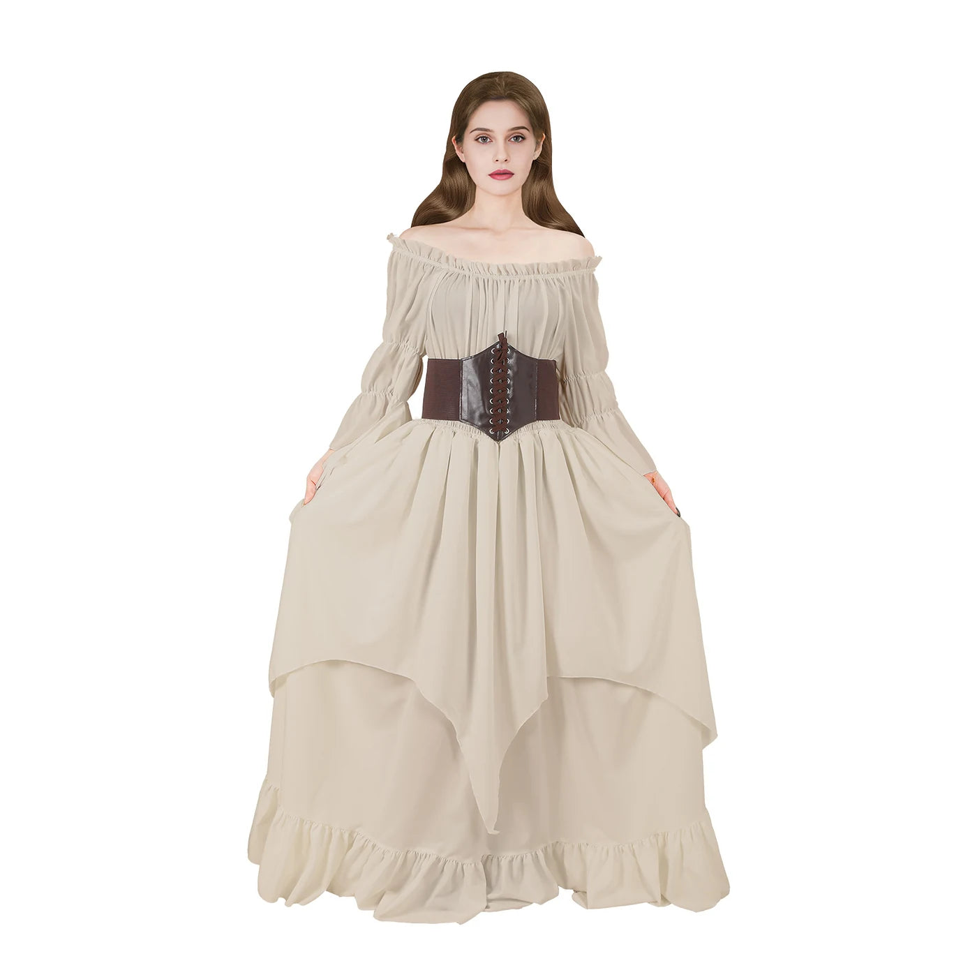 Woman modeling a beige Renaissance dress with brown waist cincher