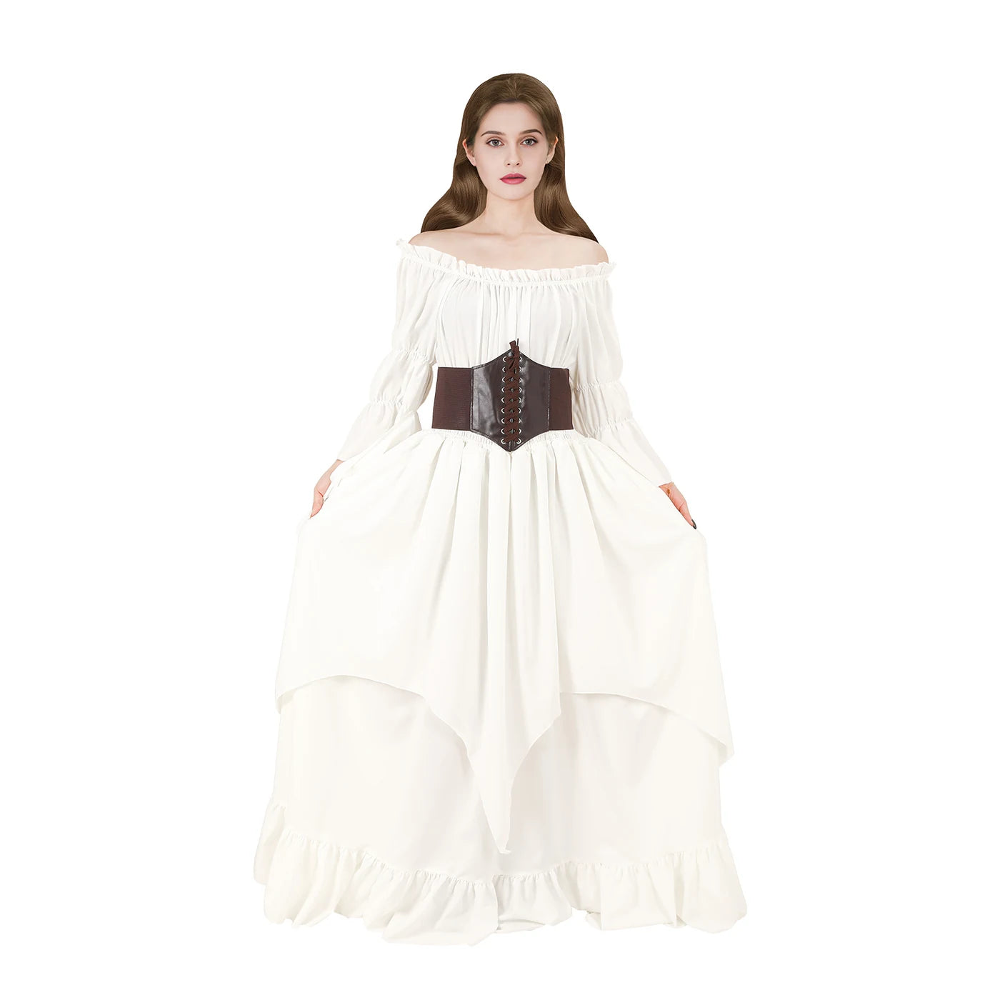 Woman modeling a champagne Renaissance dress with brown waist cincher