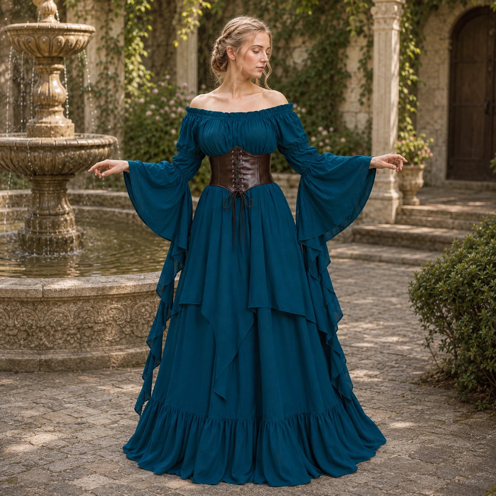 Woman wearing a peacock blue medieval dress with brown waist cincher beside a fountain