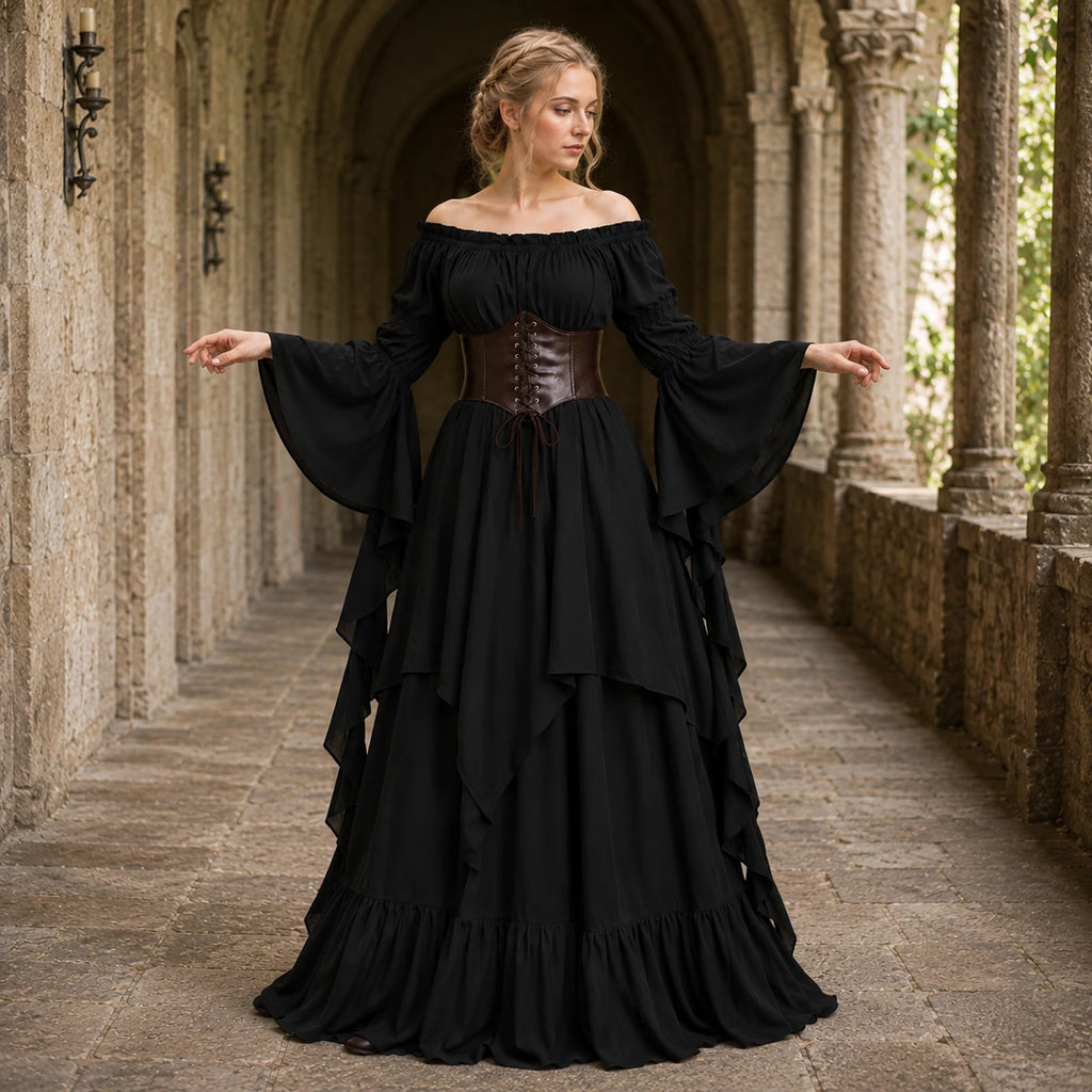 Woman wearing a black medieval dress with brown lace-up waist cincher in a stone cloister
