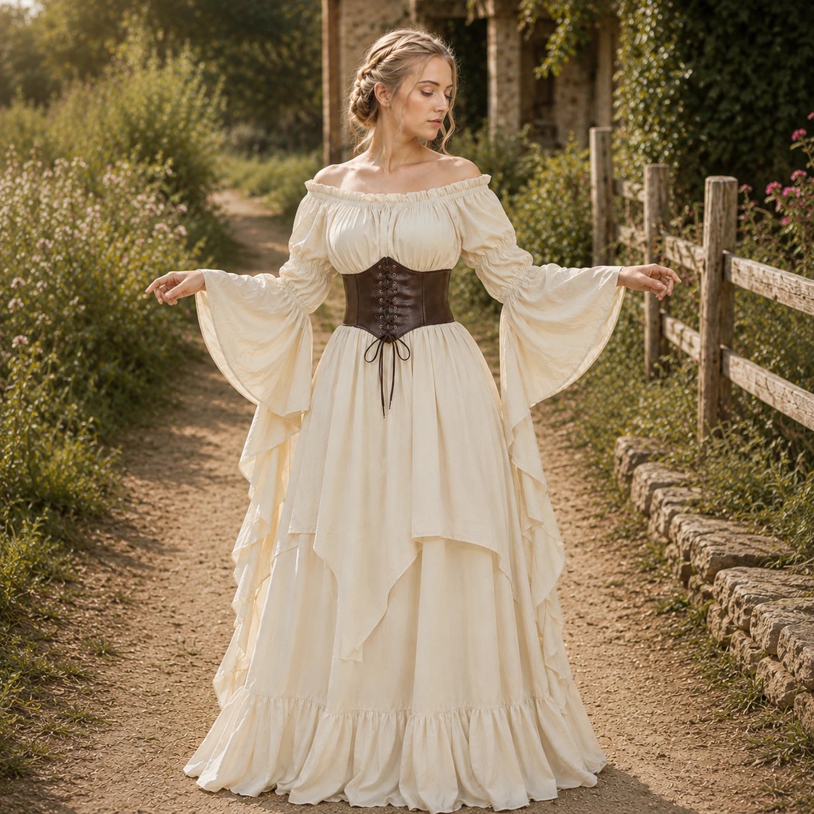 Woman wearing a champagne medieval dress with brown waist cincher on a country path