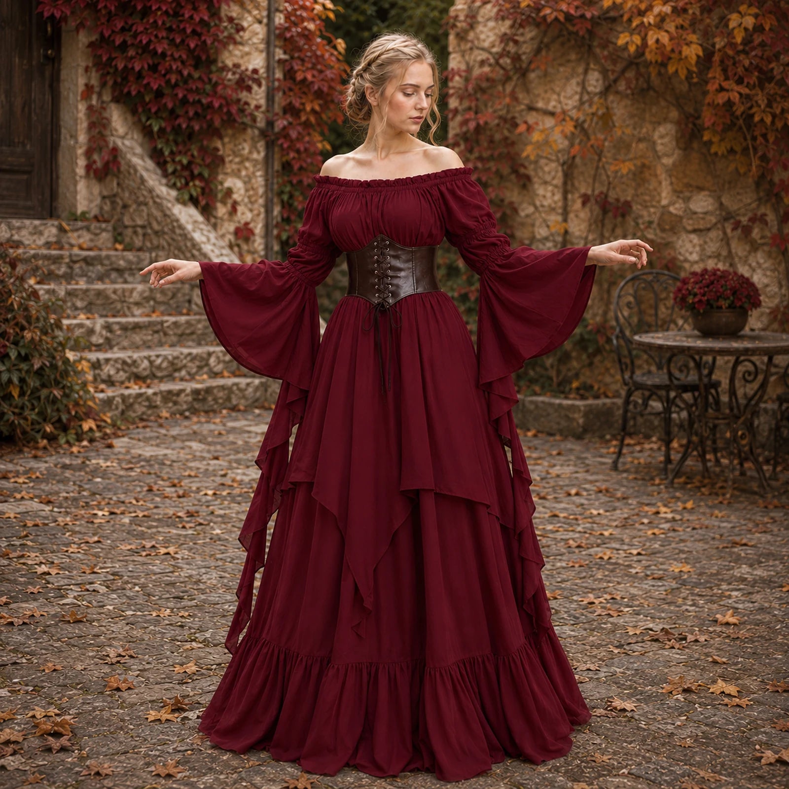 Woman wearing a burgundy medieval dress with brown waist cincher in an autumn courtyard