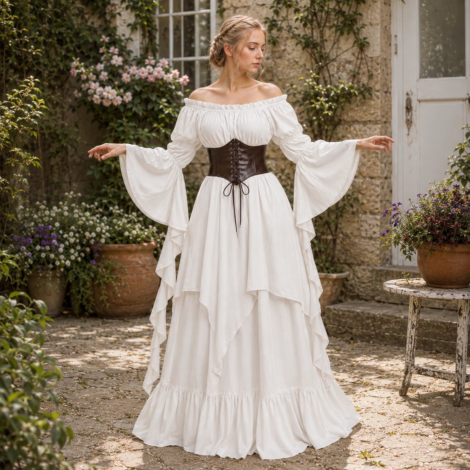 Woman wearing a beige medieval dress with brown waist cincher in a garden courtyard