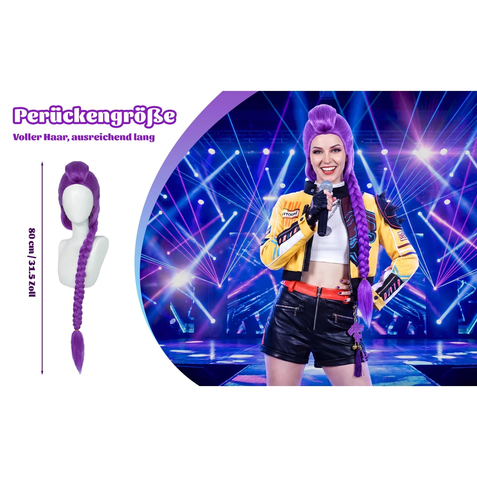 A themed setting presents 31.5 inch purple braid wig length and stage costume styling, with the vivid purple color, top knot and long single braid clearly visible.