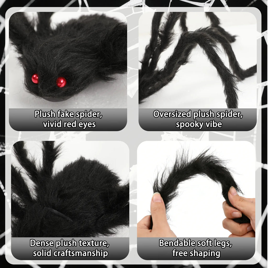 Close-up details of the 75cm black spider decorations four-pack, showing visible texture, color, and construction.