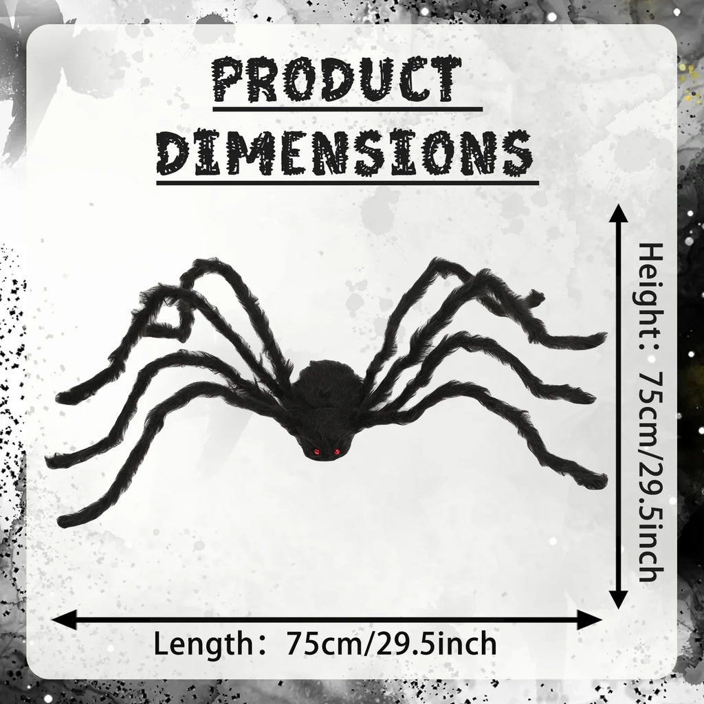 Dimension chart for the 75cm black spider decorations four-pack, showing the listed product measurements and scale.